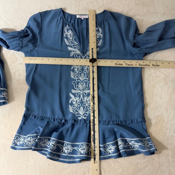 Parker Top Women's Extra Small Embroidered Silk Blouse Long Ruffle Sleeve‎ Blue - Picture 7 of 13
